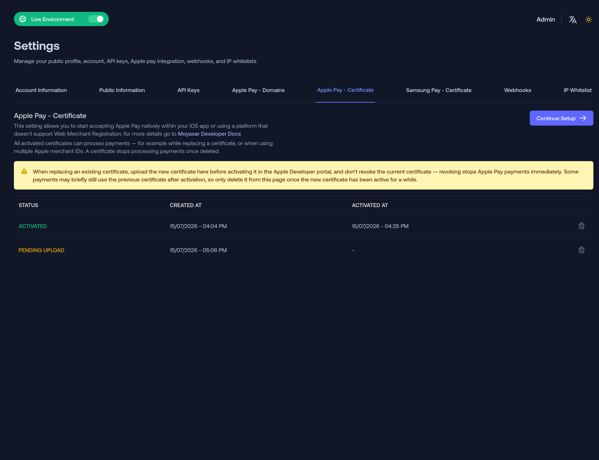 Apple Pay Certificates List Certificates list showing an activated certificate and a pending request