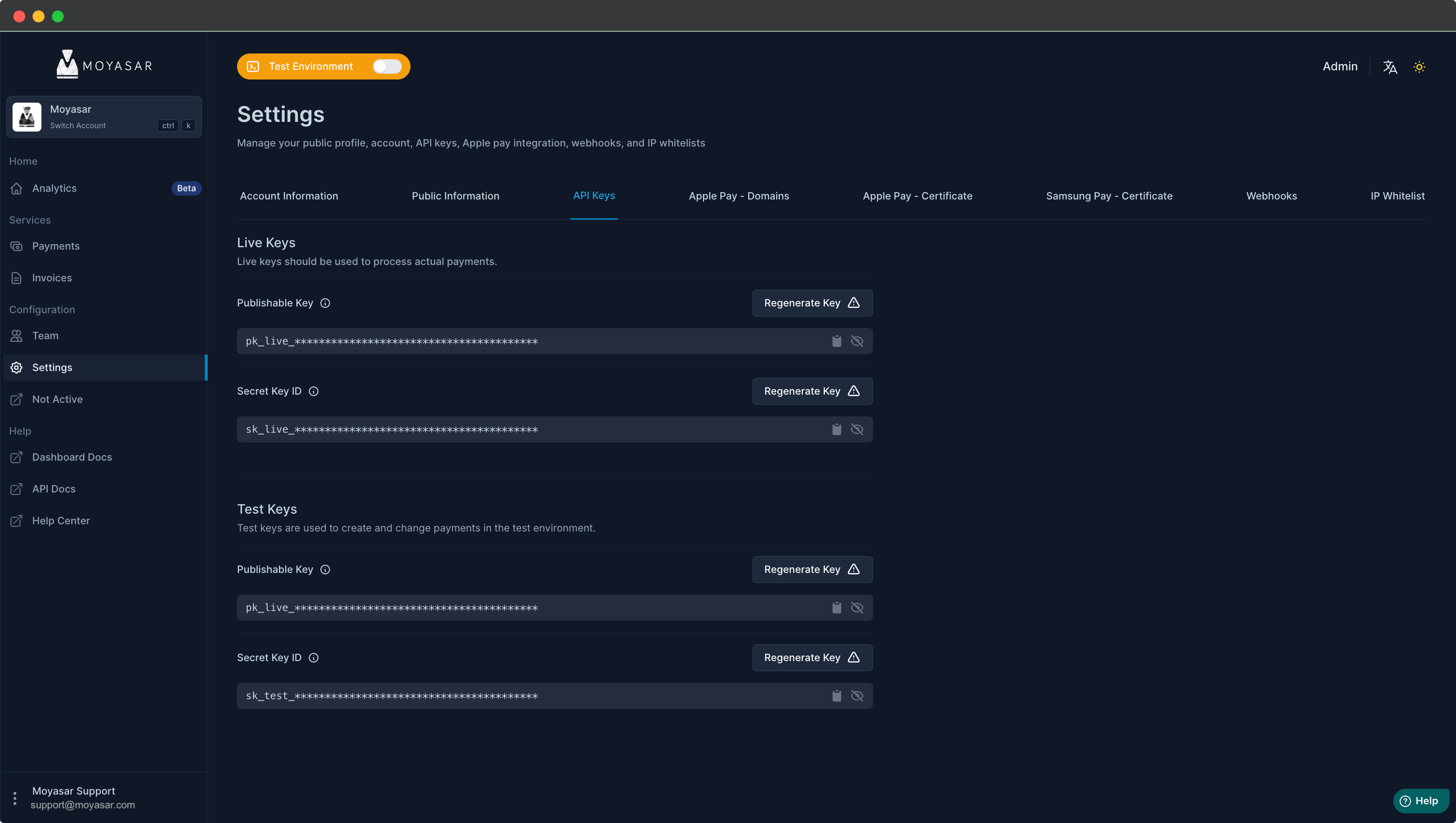 Moyasar Dashboard API Key settings
