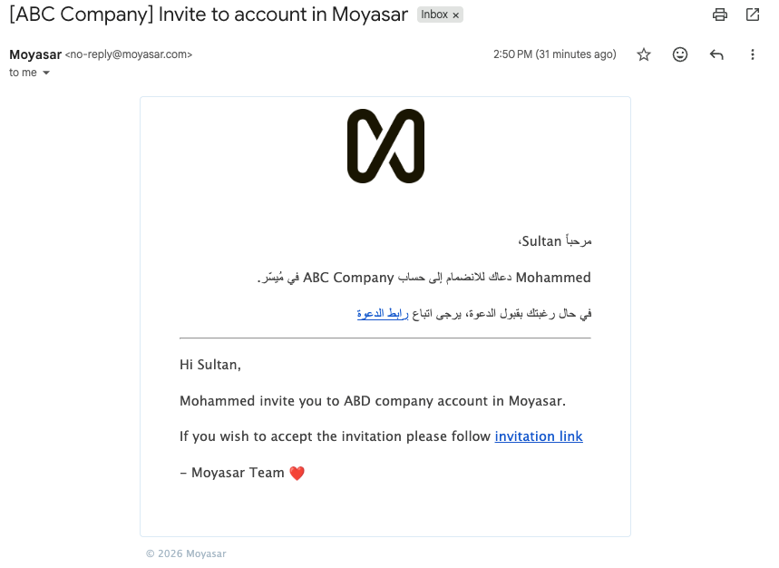 Invitation email received by the new member