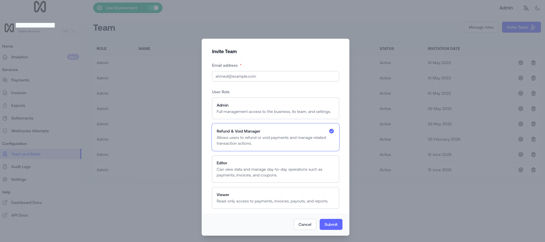 Invite Team dialog with email and role selection