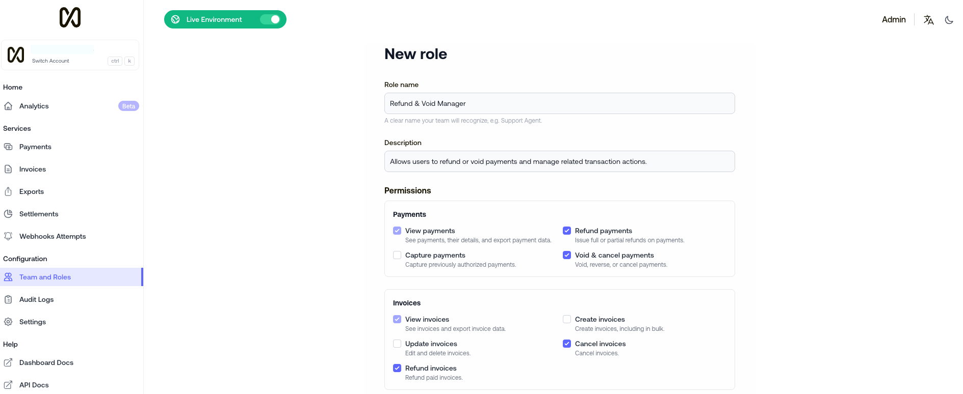 Creating a new role with selected permissions
