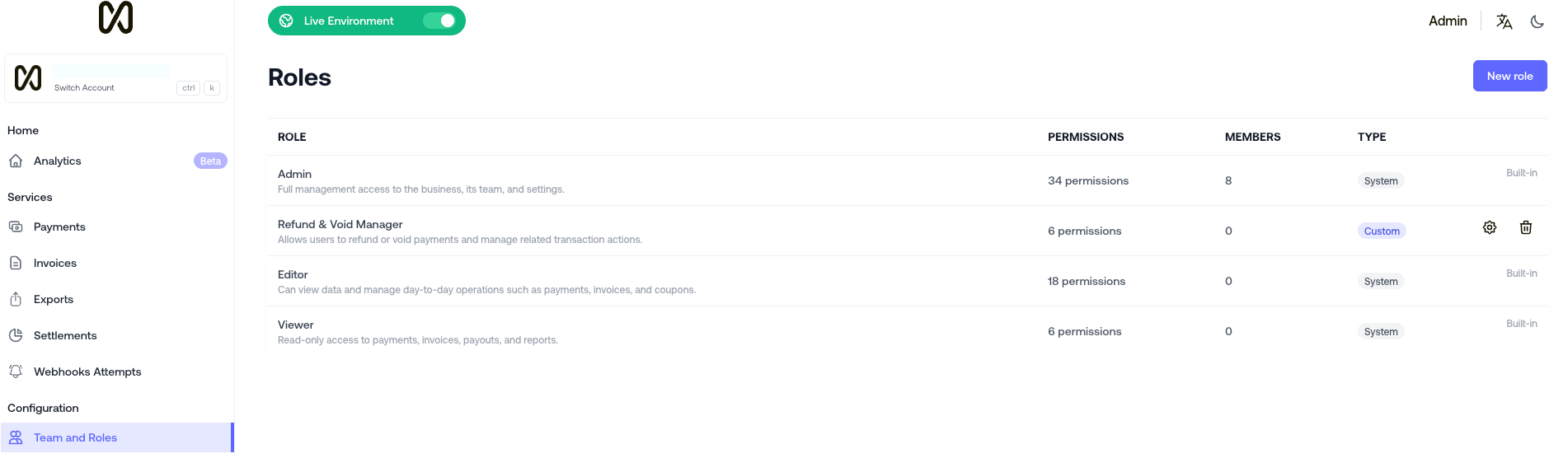 Roles screen listing roles and their permissions