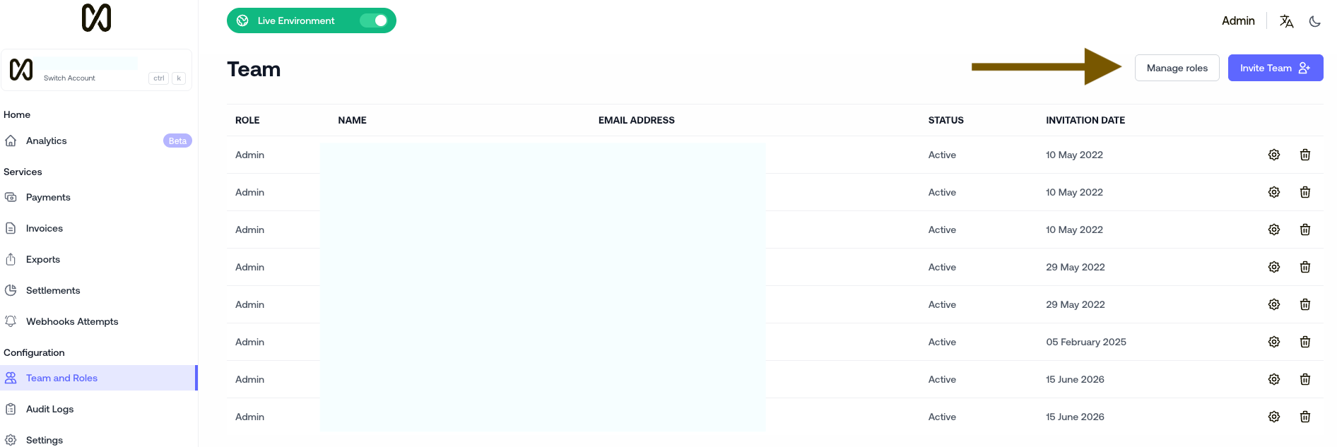 Team page in the Moyasar dashboard